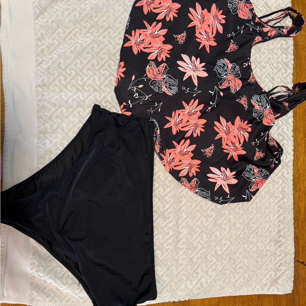 Floral Tankini Top and Black Bottoms